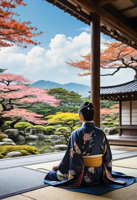 Back view、Flowers of the four seasons々、Sky、 Japanese Garden、tatami、Veranda、Man in kimono sitting in front,  long hair、  Japanese Scenery,  Japanese inspiration,  Japanese Shrine,  Oriental influence from Kyogen , Japanese style,  Japanese Influences ,,  Ja...