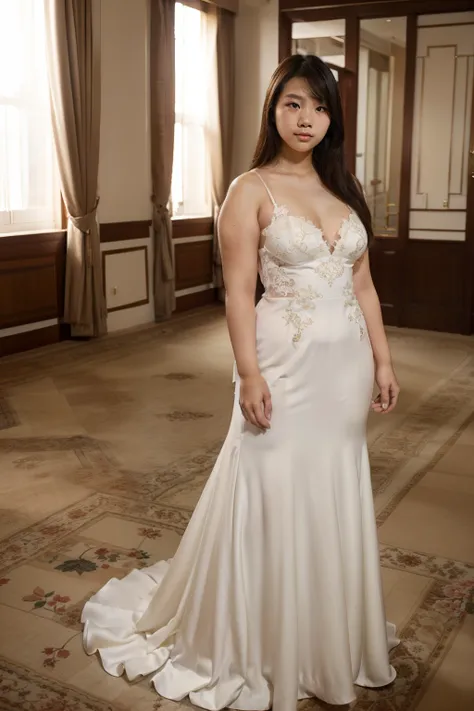 Chubby Asian girl, fat girl, plus-zised girl, beautiful gown, hall room, no pose, just look at the camera