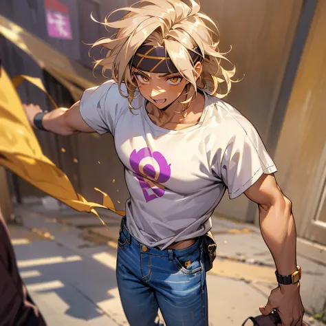 1male, adult, tan skin, finely detailed gold eyes (messy medium hair), lavander color hair, casual clothing, headband, baggy jeans, excited expression, (perfect generation), standing on street, detailed background, wrist watch