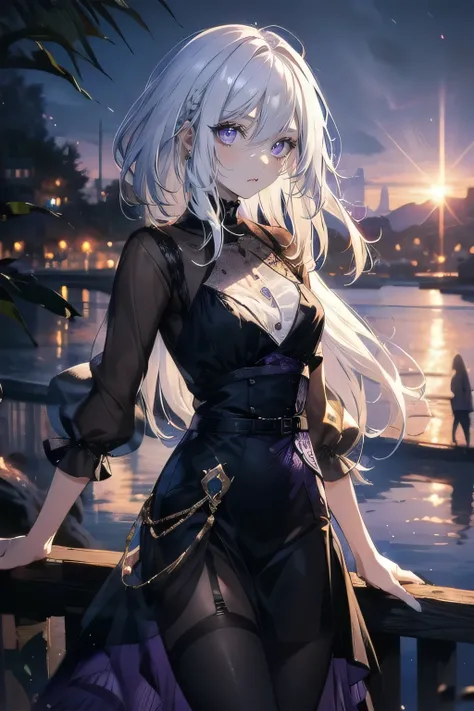 (masterpiece), (best quality), ultra detailed, finely detailed color, cenematic painting, smile, slender body, small chest, outdoor, lake, landscape, sunset, evening, dusk, twilight, vesper, bishoujo, ((one lady)), 20 years old girl, cute face, ((white hai...