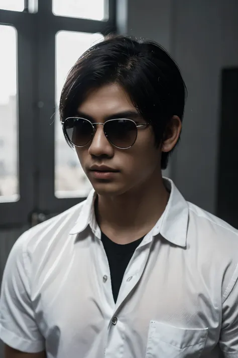  Fhoto aesthetic black and white , handsome Indonesian male artist age 20 , fose distudio fhoto wearing white shirt, sunglasses, short neat hair , with various styles ,3d hyperrealistic  