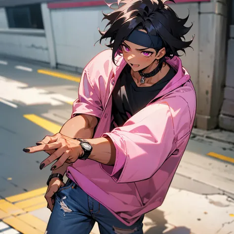 1male, adult, tan skin, finely detailed magenta eyes (messy medium hair), black color hair, casual clothing, headband, baggy jeans, excited expression, (perfect generation), standing on street, detailed background, wrist watch, black nails, collar