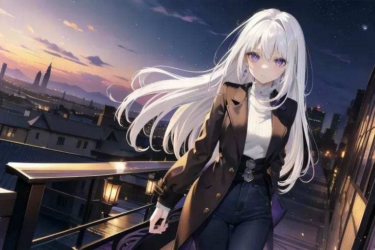 (masterpiece), (best quality), ultra detailed, finely detailed color, cenematic painting, bishoujo, ((one lady)), 20 years old girl, cute face, ((white hair:1.5)), absurdly long hair, straight hair, ((violet eyes:1.5)), standing, turtleneck sweater, long j...