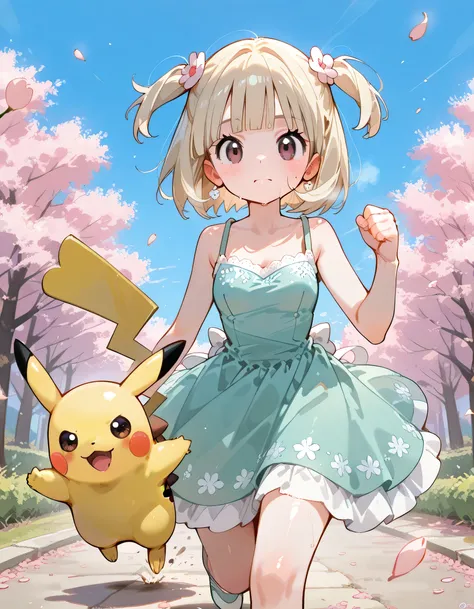 sideview+,sfw, (looking at viewer),((upperbody)),(closed up face),running,alone,14years old,natural cosmetic,Blonde two side up ,blunt bangs,Adult older sister's face,Russian, sakura spring party dress,shiny skin,cute female face, Pokémon Trainer, A woman ...