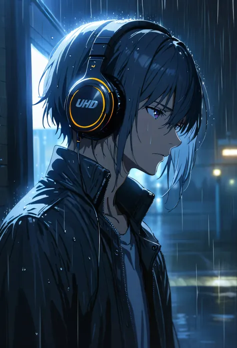 A guy in the rain, wearing headphones, detailed lighting, UHD, edge lighting, Masterpiece, highest quality, anime 