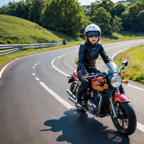 (A young female rider speeds along on a motorcycle)、Vintage Bikes、Bluff Superior SS100、Isle of Man Races、Leather jumper、Cromwell helmet with goggles、After the Rain、English countryside、(Highest quality, masterpiece, High resolution)、8k、wallpaper,masterpiece...