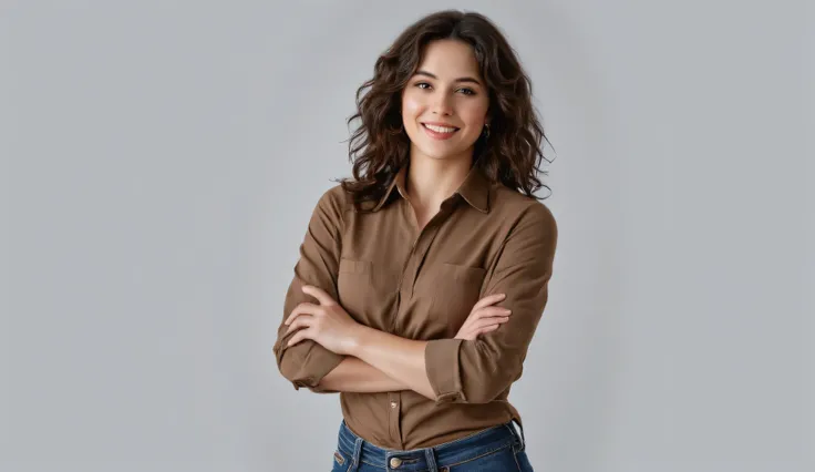 Photo of a woman with curly hair and a big smile, wearing a brown button-down shirt with the sleeves rolled up and blue jeans, standing with her arms crossed, smiling and looking at the camera, bright and even lighting, plain light gray background, casual ...