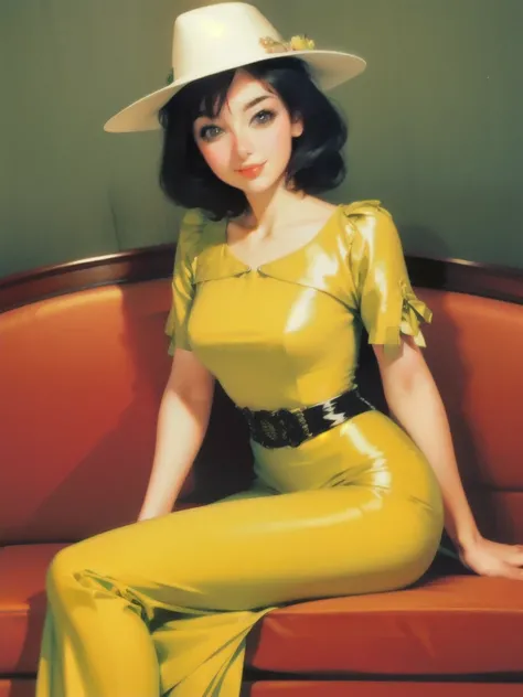 arafed woman in a yellow dress and hat sitting on a couch, a portrait inspired by Evaline Ness, flickr, art nouveau, dressed like in the 1940s, ww2 era, 1940s, 1 9 4 0 s, like rolf armstrong style, 1 9 4 0's, 1930s