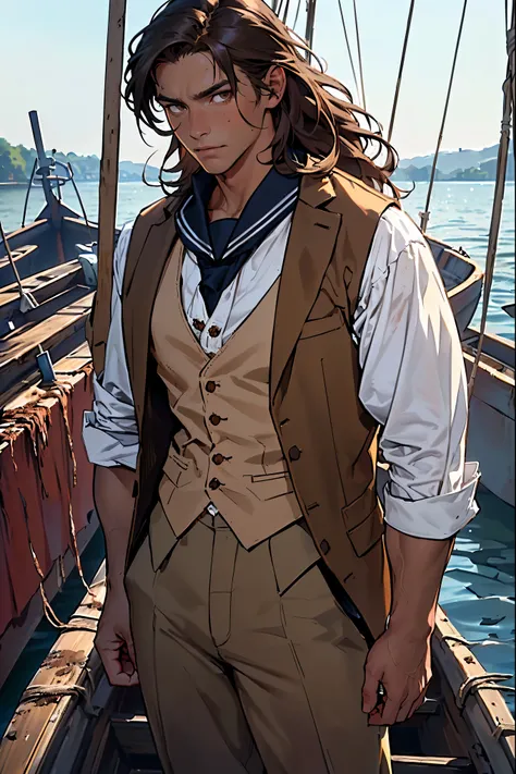 ((A male sailor from the 1700s, dressed in a brown vest, filthy white dress shirt and brown trousers. The man has darker skin. He has long brown hair that went down to his shoulders and dark brown eyes. Sharp facial features. He stands on an old boat.))