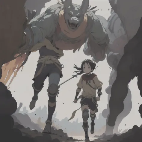 studio ghibli, illustration original character warrior, studio ghibli style, original character in front running from monsters behind, bright colors, colorfull colors satured colors
