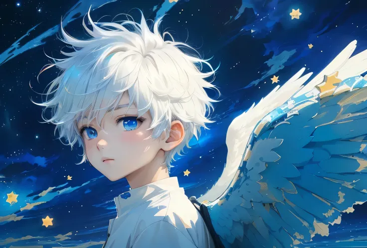 anime boy with white hair and blue eyes staring at stars,  4K Anime Art Wallpaper ,  Anime Art Wallpaper 4K,  cartoon art wallpaper 8k,  zerochan art , 4k comics wallpaper, boy with wings, Anime style 4K,  4K anime wallpaper, Anime Wallpaper 4K, Anime Wall...