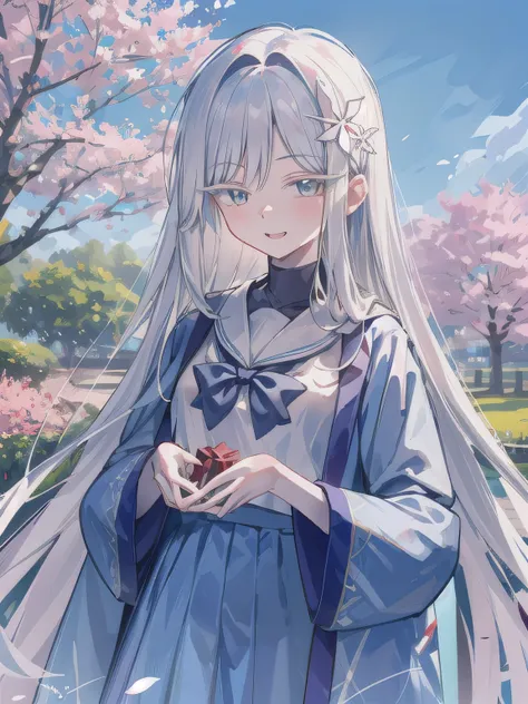 A stunningly beautiful 20-year-old woman stands in a lush green park full of cherry blossoms in full bloom under a clear blue sky. She is wearing a classic sailor uniform and holds a neatly wrapped gift box with a red ribbon in both hands in front of her c...