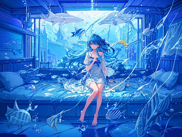  very detailed face、4K、8k、((1 girl with long blue hair:1.4))，((Beautiful blue eyes))、Full body solo shooting、(( with poison:1.4))、seabed、deep sea、Floating in the sea、( splashes :1.3)、Lots of small fish、(( long dress、 barefoot))、Floating、A lot of bubbles、bu...