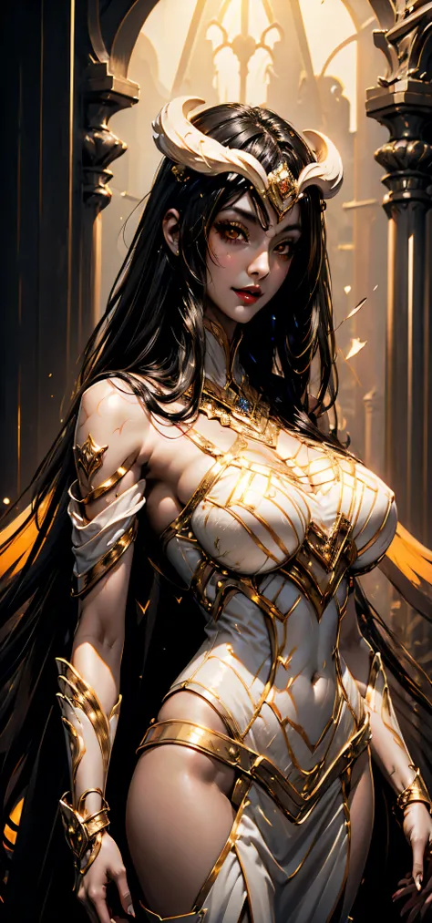 A (super realistic) beautiful sexy woman(albedo _overlord) with (glossy orange eyes) and white attire(detailed with perfect sharpness ) with gold jewellery on sexy breast, beautiful breast(perfect shape and size), red lips, black long beautiful hair, hype...