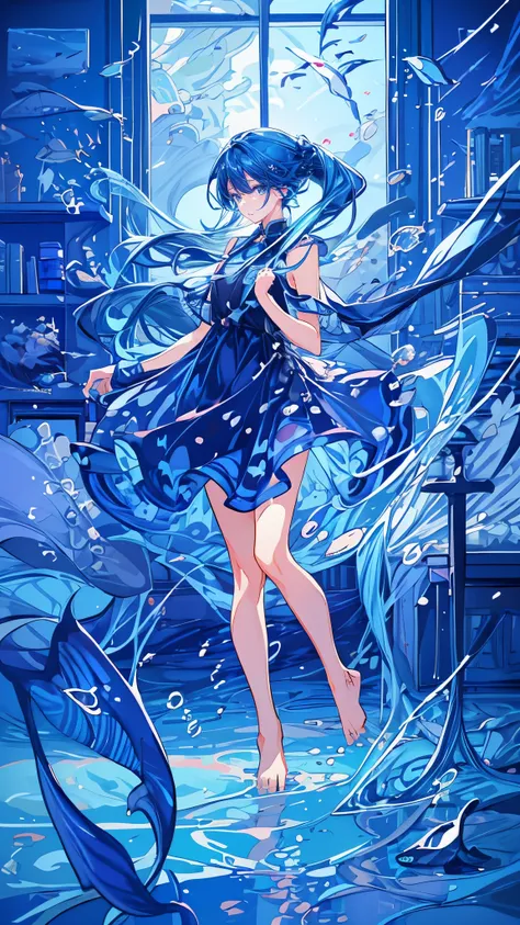  very detailed face、4K、8k、((1 girl with long blue hair:1.4))，((Beautiful blue eyes))、Full body solo shooting、(( with poison:1.4))、seabed、deep sea、Floating in the sea、( splashes :1.3)、Lots of small fish、(( long dress、 barefoot))、Floating、A lot of bubbles、bu...