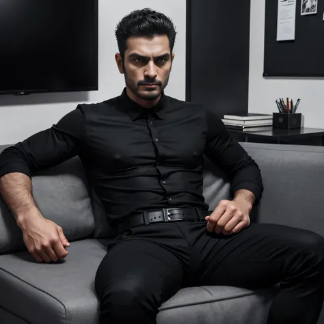 40 years old、handsome guy , One Man,、 Ekin Mert Daymaz。 black shirt 、 black slim pants 、Doğukan Polat 、office、 sit on the sofa、 black shirt、 black slim pants 、 upper body up　geff Bridges,　Front 　Menacing look　 black belt　Angry　 black gloves