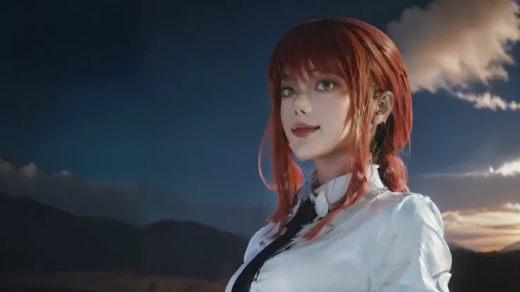 

"Generate a 4K ultra-realistic anime-style wallpaper of Makima from Chainsaw Man, standing alone in a vast desert landscape during a vibrant sunset. She should be smiling softly, with a gentle breeze blowing through her hair. Incorporate realistic textur...