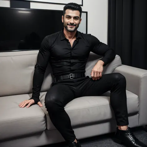 40 years old、handsome guy , One Man,、 Ekin Mert Daymaz。 black shirt 、 black slim pants 、Doğukan Polat 、office、 sit on the sofa、 black shirt、 black slim pants 、 upper body up　geff Bridges,　Front 　Menacing look　 black belt　Smile　 black gloves