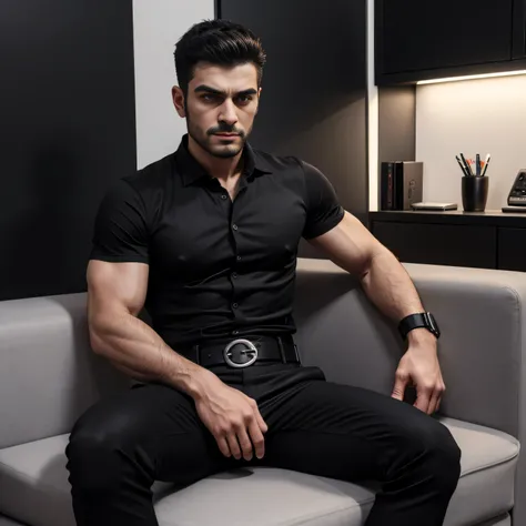 Age 30、handsome guy , One Man,、 Ekin Mert Daymaz。 black shirt 、 black slim pants 、Doğukan Polat 、office、 sit on the sofa、 black shirt、 black slim pants 、 upper body up　geff Bridges,　Front 　Menacing look　 black belt　Angry　 black gloves