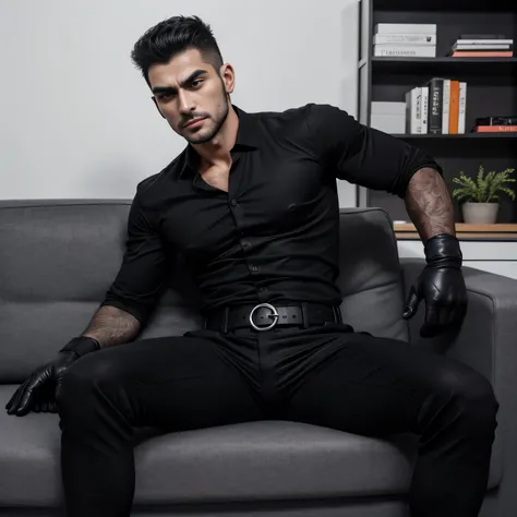 Age 30、handsome guy , One Man,、 Ekin Mert Daymaz。 black shirt 、 black slim pants 、Doğukan Polat 、office、 sit on the sofa、 black shirt、 black slim pants 、 upper body up　geff Bridges,　Front 　Menacing look　 black belt　Open your mouth and get angry　 black glov...