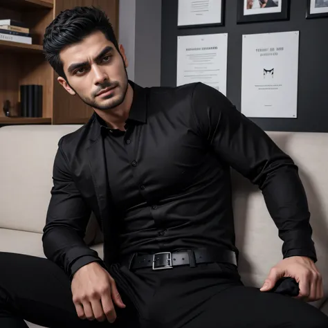 Age 30、handsome guy , One Man,、 Ekin Mert Daymaz。 black shirt 、 black slim pants 、Doğukan Polat 、office、 sit on the sofa、 black shirt、 black slim pants 、 upper body up　geff Bridges,　Front 　Menacing look　 black belt　Open your mouth and get angry　 black glov...