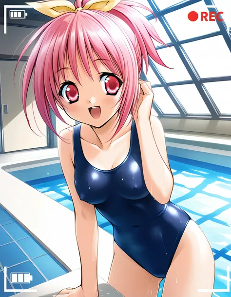 masterpiece, best quality, official art, amazing quality, ultra highres, very aesthetic, highly detailed,
   1girl  ,Serina, pink eyes, beautiful detailed eyes, BREAK ,nsfw,school swimsuit,smile,look away,erect nipples,
happy,open mouth, ((look away)),hand...