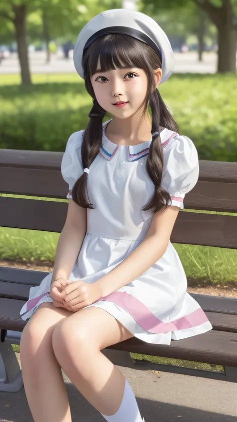  top quality、  Details、delicate、Very high degree of perfection 、 beautiful,Girls are in middle school１Grade、 black hair、 best proportions 、Similar to Daidouji Tomoyo、 wearing a summer dress in a mini skirt 、 white beret、Full body photo showing shoes、( girl...