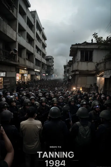  Dark and dramatic digital illustration for YouTube thumbnail of 1984 Tanjung Priok tragedy in Indonesia.  The scene shows a gripping atmosphere with uniformed Indonesian soldiers holding rifles ,  facing crowds of protesters .  displayed in bold and distr...