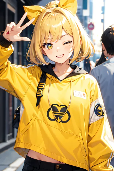 girl,peace sign,blonde,one eye closed,gal style clothing,posing for the camera,yellow clothes,twocolor