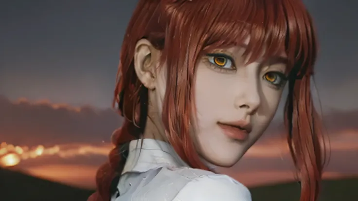 

"Generate a 4K ultra-realistic anime-style wallpaper of Makima from Chainsaw Man, standing alone in a vast desert landscape during a vibrant sunset. She should be sexy , and looking in sky and her eyes colour is orange looking beautiful with a gentle bre...