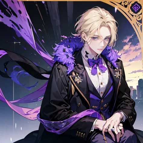 Young man,Blonde with purple gradation, half up hair,Purple prostrate , black long coat, amethyst accessories