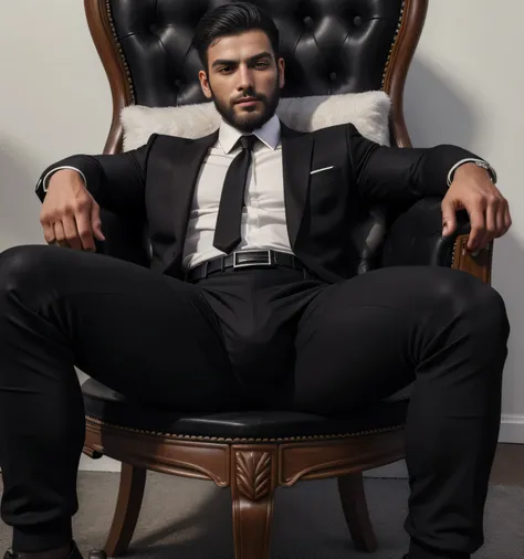 35-year-old male, 、  black suit、  black slim pants、 mafia、Vacant lot、  open your legs wide 、The crotch area of the stand chair 、 ,Gay ,  short hair, Beard,Ekin Mert Daymaz。 , Hermes belt 。 Black Sox、  black slim pants　 as seen from below。 upper body up