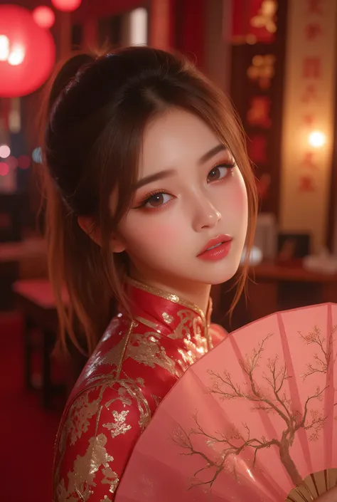 Cat ears、 face up, attractive, pretty girl, ponytail、 (( fine facial features , eroticism)), dramatic lighting , realistic , 8k, Dramatic Shadows , intricate and elaborate patterns , super detailed photo , chiaroscuro lighting , Pleasant colors , deep cont...