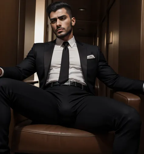 30-year-old male, 、  black suit、  black slim pants、 mafia、corridor、  open your legs wide 、The crotch area of the stand chair 、 ,Gay ,  short hair, Beard,Ekin Mert Daymaz。 , black belt。 Black Sox、  black slim pants　 as seen from below。 upper body up　Angry