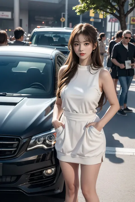 ((circuit、Standing in front of a car))、((masterpiece:1.3)), (photorealism:1.3), extremely detailed texture, best quality, 16k, detailed background, 1 beautiful Korean woman, long light brown straight hair, heavy makeup, big eyes, d