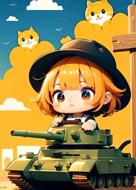 cute comic, 1 magica holding weapon, motor vehicle, tank, cat, hat, yellow, bangs, no nose, blush, cloud, sky
 