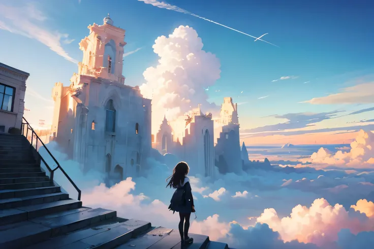   disorganized ,  Hi-Res, ( Official Art,  beautiful and aesthetic :1.2),  Close View,
Bright Sky,  A Vast World,  girl, Stair , An awe-inspiring expression, Distant Horizon, cloud, High Hill, Natural beauty,  Inspiration, Light effects,