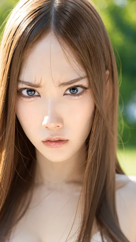 My forehead is narrow 、glare、angry eyebrows 、 very angry eyes、 Her cold gaze、Face zoom for the entire face、 There are no problems with one person's firm facial parts。 high quality close-up 、 Face Up 、 VERY REALISTIC SKIN 、 Very Well-Faced Woman 、 Angry...