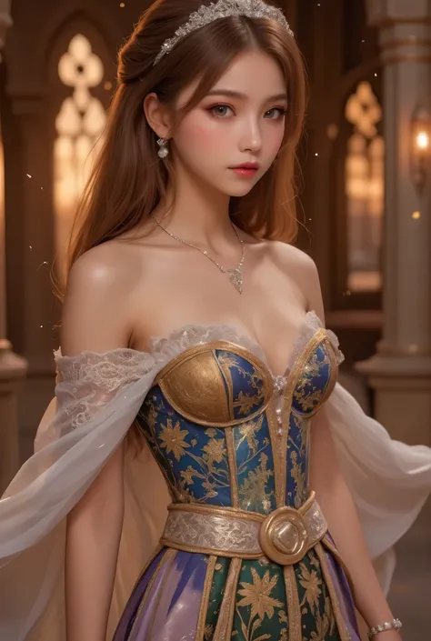 lors, deep contrast, super real, pink lipstick, warm atmosphere, cinematic composition, close-up of face. She is wearing a breathtakingly opulent princess dress with flowing, multi-layered fabrics in a mesmerizing blend of royal blue, deep crimson, emerald...