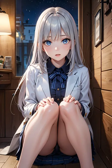  adult woman,  alone,  sexy, 8k resolution,(( top quality)),  ultra high resolution, ( Rugged Expression), ( light blue eyes),  beautiful symmetrical face  , ( long silver hair),coat,Light Armor , skirt by humili,Realistic:1.4, by Nomi:1.4,( Masterpiece:1....