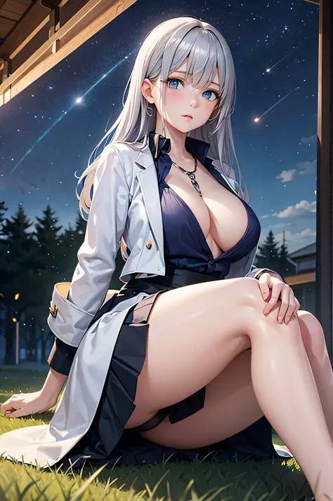  adult woman,  alone,  sexy, 8k resolution,(( top quality)),  ultra high resolution, ( Rugged Expression), ( light blue eyes),  beautiful symmetrical face  , ( long silver hair),coat,Light Armor , skirt by humili,Realistic:1.4, by Nomi:1.4,( Masterpiece:1....