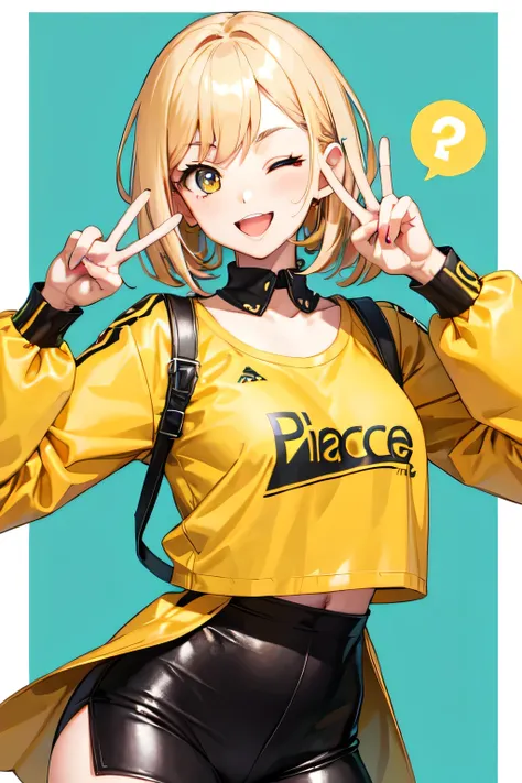 girl,peace sign,blonde,one eye closed,gal style clothing,posing for the camera,yellow clothes,twocolor