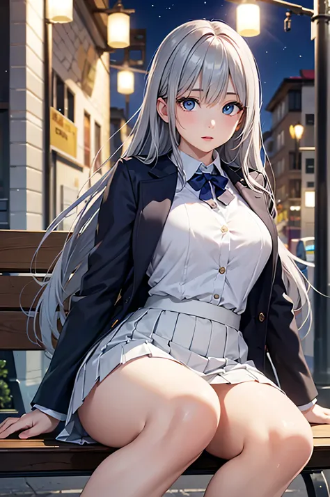  adult woman,  alone,  sexy, 8k resolution,(( top quality)),  ultra high resolution, ( gentle expression), ( light blue eyes),  beautiful symmetrical face  , ( long silver hair),coat,Light Armor , skirt by humili,Realistic:1.4, by Nomi:1.4,( Masterpiece:1....