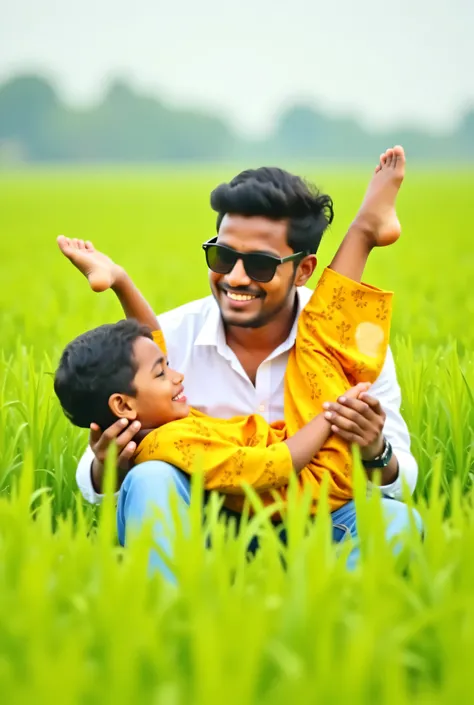 cute indian boy is the girl front chest of a  Indion old girl from both wearing sunglasses, are playfully in a plants fiel paddy plants. The woman, dressed in a vibrant yellow dress with intricate patterns, is lying on the man's lop while joyfully kicking ...