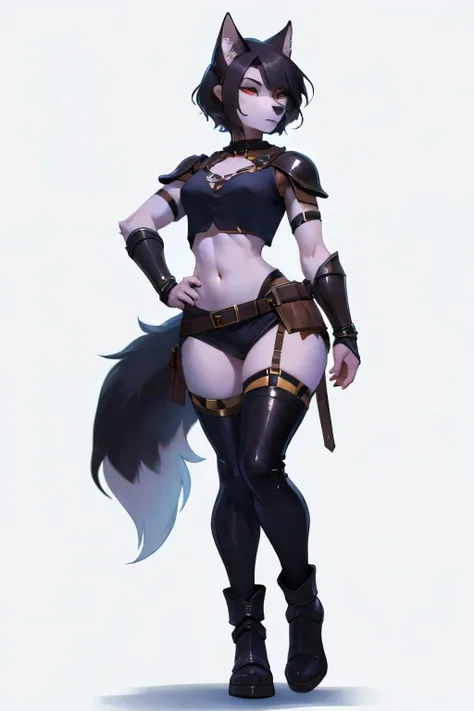 wolf girl, warrior, fantasy gear, bandit outfits, sexy outfits, furry, crop top, full body, clear face, white background, perfect anatomy, beautiful wolf, bandit sexy, leather armour, standing pose, short hair, black hair, feminime face, masterpiece, perfe...