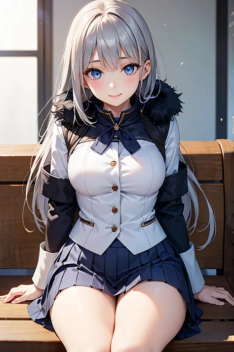  adult woman,  alone,  sexy, 8k resolution,(( top quality)),  ultra high resolution, (A gentle smile), ( light blue eyes),  beautiful symmetrical face  , ( long silver hair),coat,Light Armor , skirt by humili,Realistic:1.4, by Nomi:1.4,( Masterpiece:1.2), ...