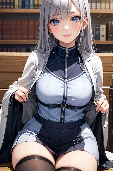  adult woman,  alone,  sexy, 8k resolution,(( top quality)),  ultra high resolution, (A gentle smile), ( light blue eyes),  beautiful symmetrical face  , ( long silver hair),coat,Light Armor , skirt by humili,Realistic:1.4, by Nomi:1.4,( Masterpiece:1.2), ...