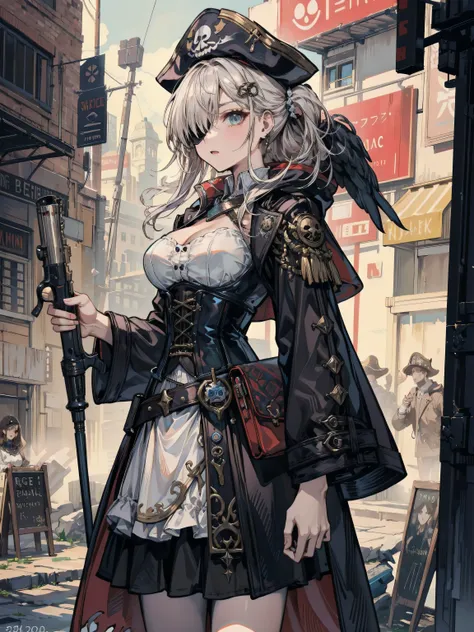 earring, large breasts, wavy hair, hair behind ear, short hair, updo, hair ornament, black hair, cowboy shot, outdoor, Practical pirate clothing, Long-sleeved pirate top, Skirt, pirate hat, coat, corset, black cape, revolver gun, parrot, half eyepatch,