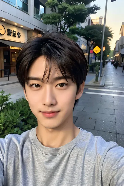 A casual urban photo of a young man standing near a street lamp with a Japanese warning sign. He is handsome, with dark hair like a K-Pop idol with a mash wolf hairstyle, and wearing a black shirt. In the background is a typical Japanese street with buildi...