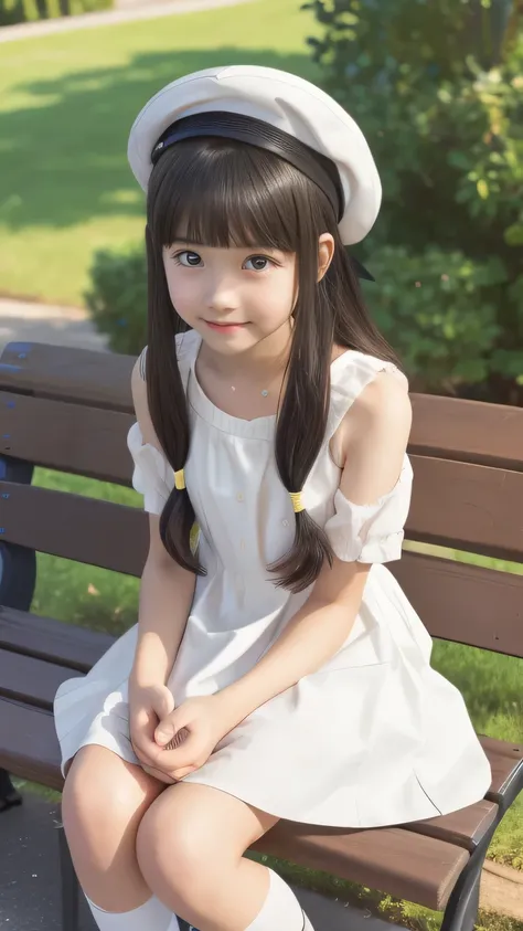  top quality、  Details、delicate、Very high degree of perfection 、 beautiful,Girls are in middle school１Grade、 black hair、cute girl eyes、 best proportions 、Similar to Daidouji Tomoyo、 mini skirt that hugged and caressed her chest、 white beret、Full body photo...